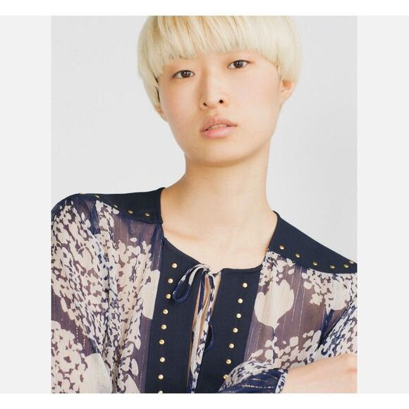 Zara Mulberry Silk Navy/Ecru Long Sleeve Blouse with Studs Women's Size Medium N - Picture 6 of 16